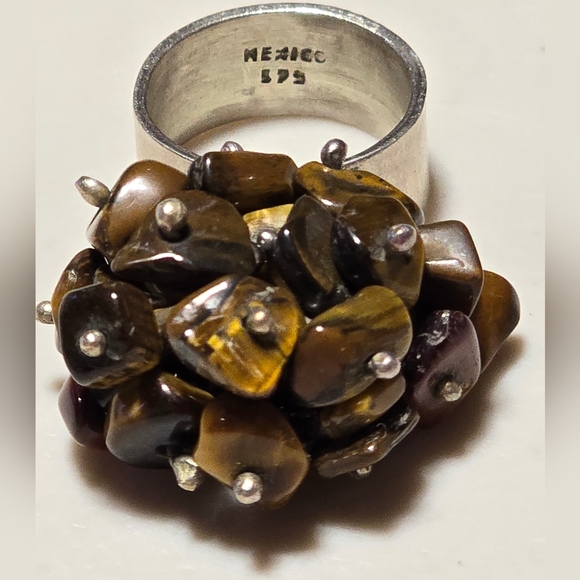Vintage Handmade Sterling Silver Tigers Eye Cluster Ring 18 - Picture 2 of 5